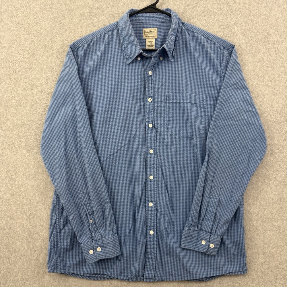LL Bean Shirt Mens L Tall Traditional Fit Blue Micro Check Button Down Cotton